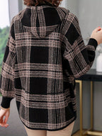 women's plaid hooded zip-up jacket in camel
