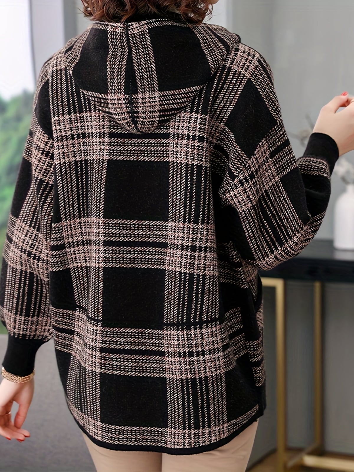 women's plaid hooded zip-up jacket in camel