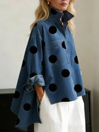 women's polka dot button up blouse in blue