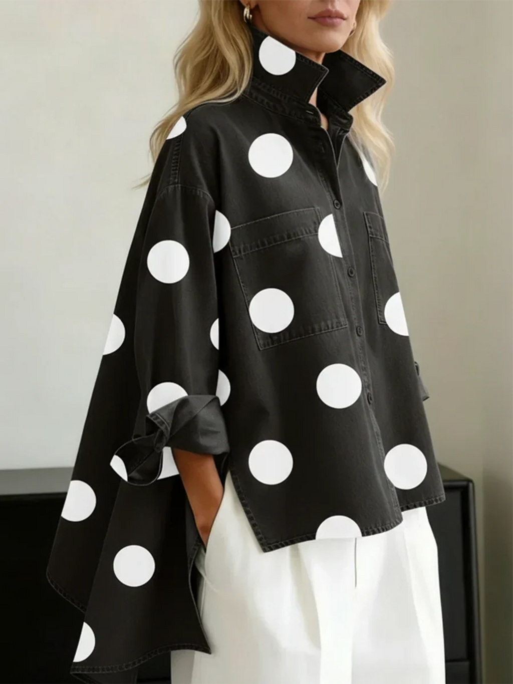 women's polka dot button up blouse in black