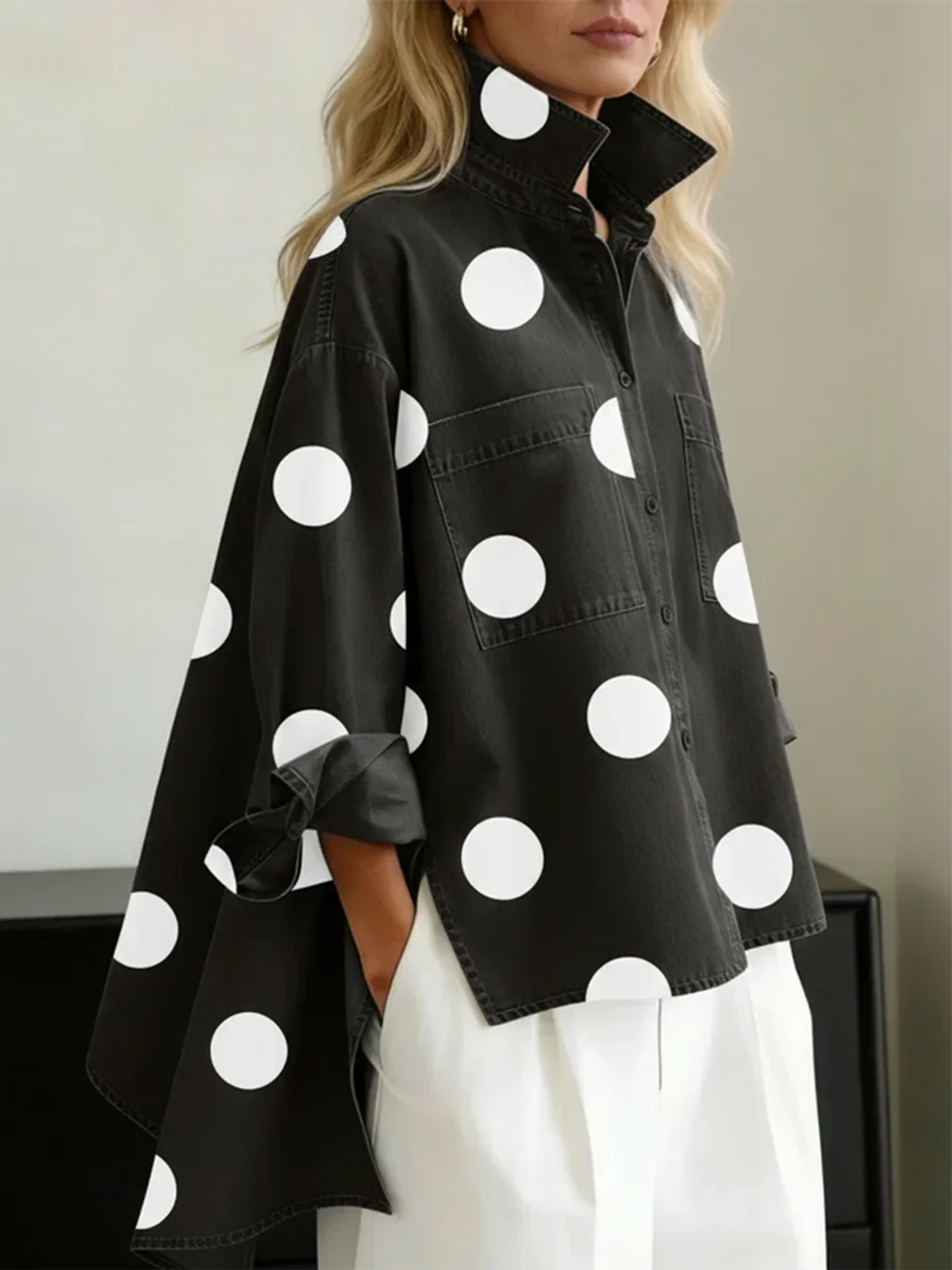 women's polka dot button up blouse in black