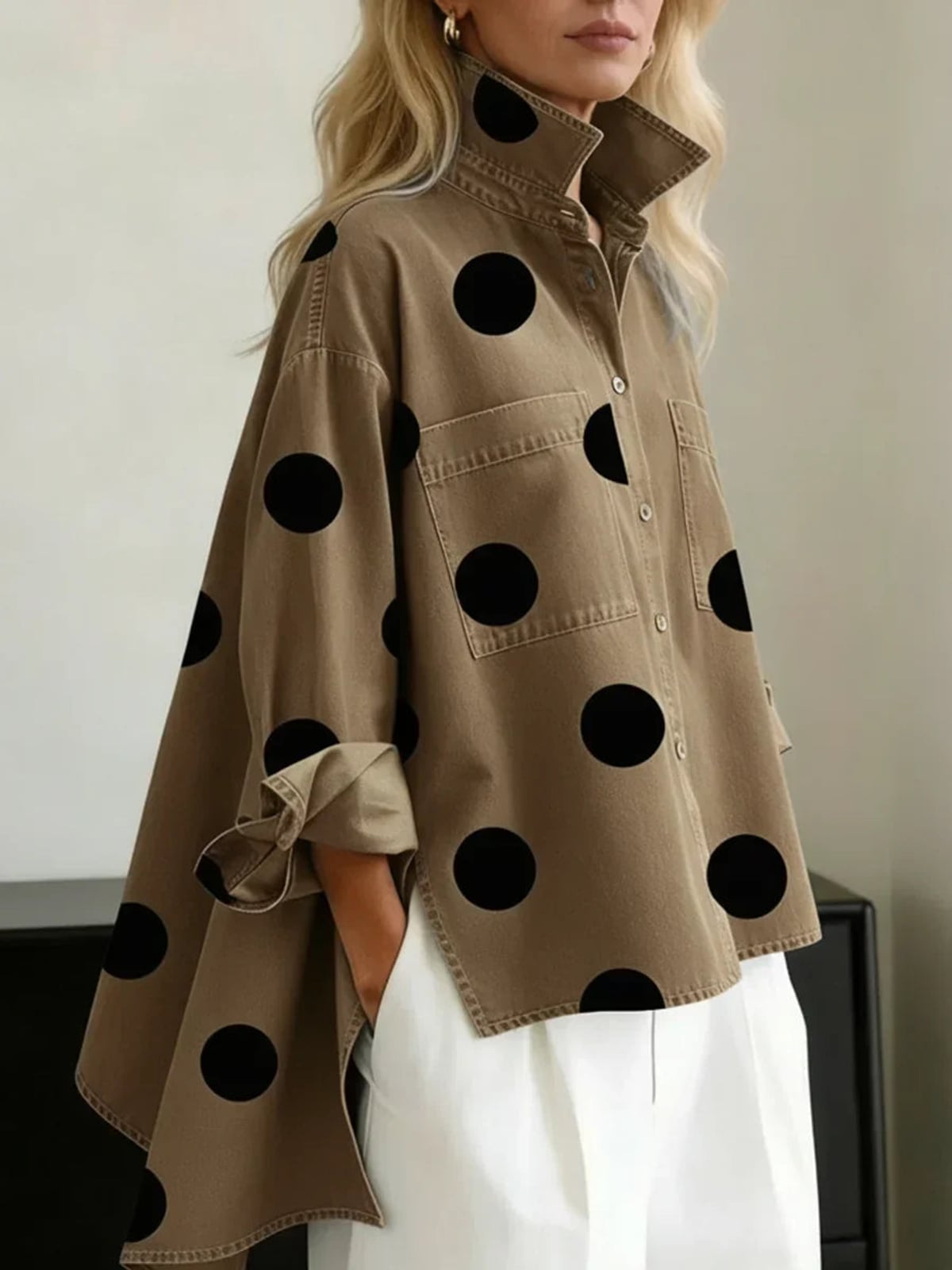 women's polka dot button up blouse in khaki