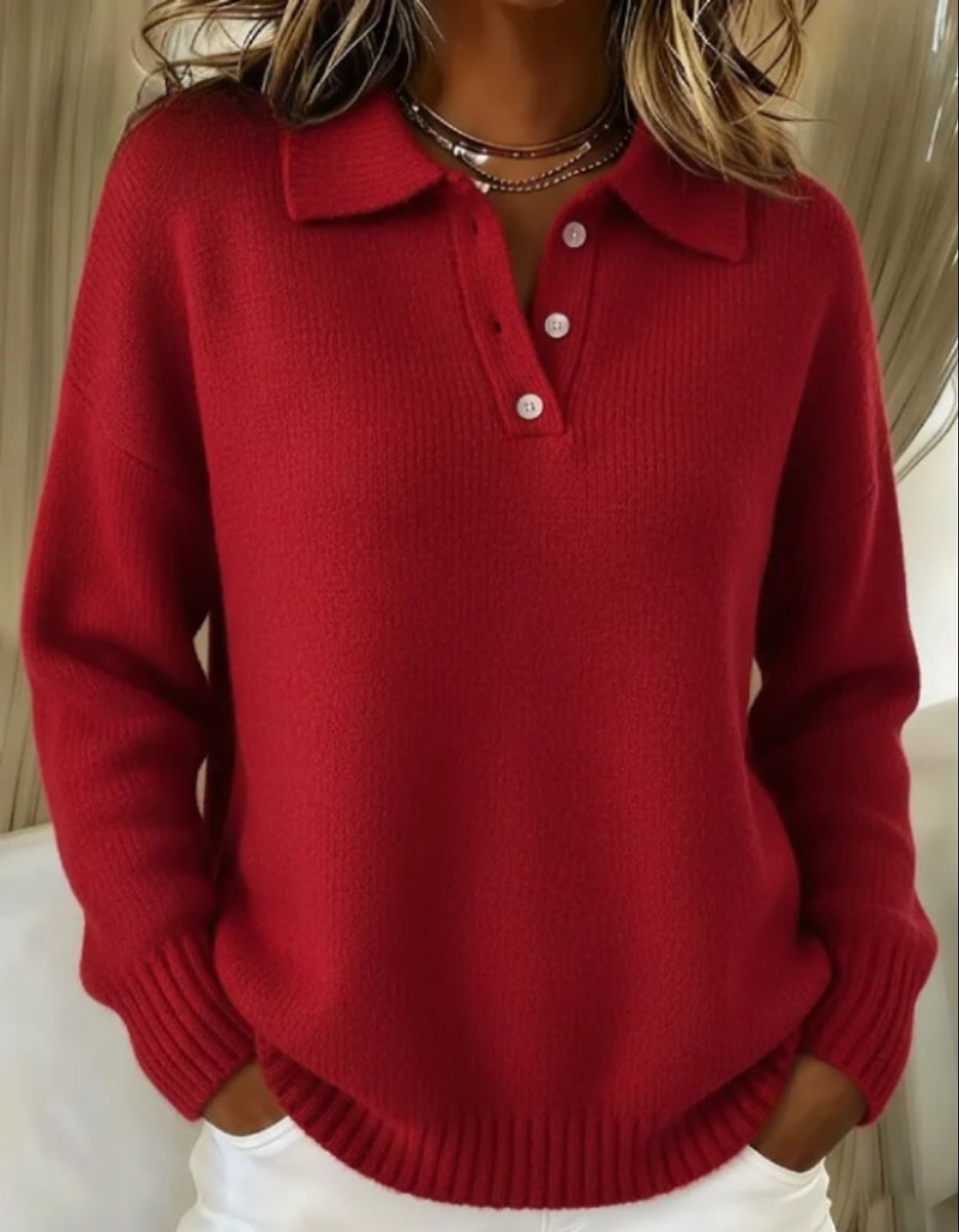 women's polo collar pullover sweater in red