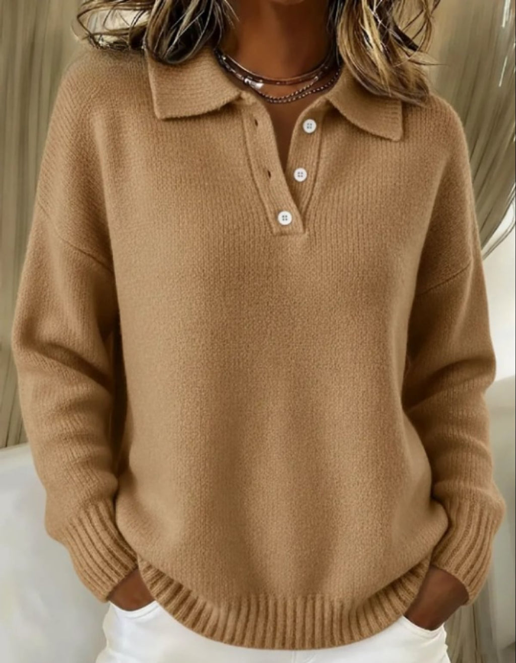 women's polo collar pullover sweater in caramel
