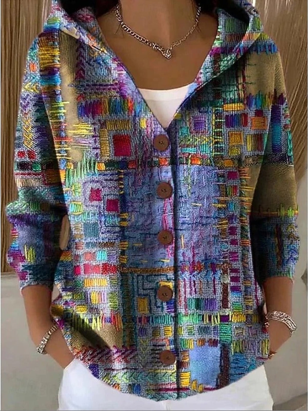 women's printed button-up hooded cardigan sweater in purple