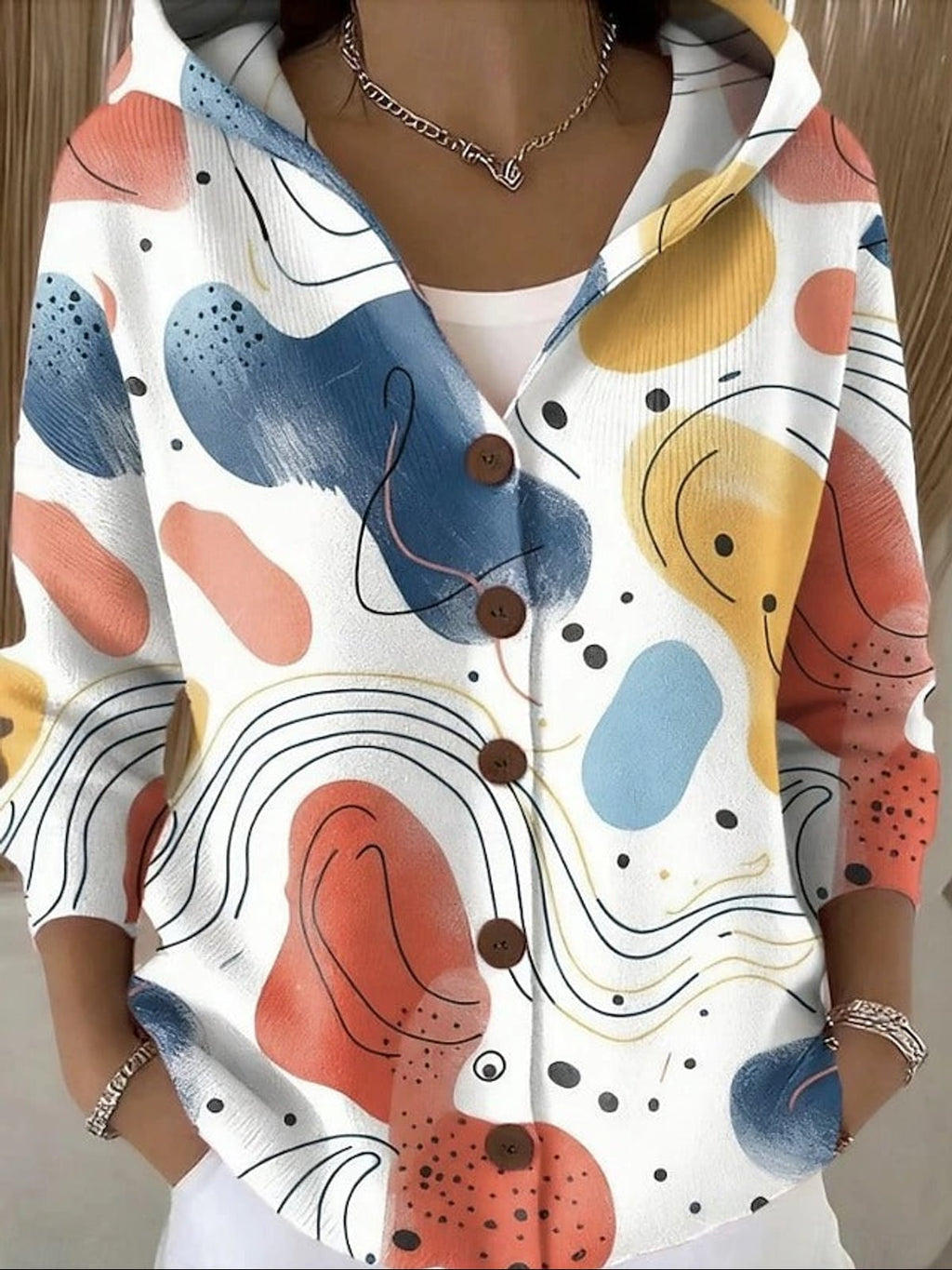 women's printed button-up hooded cardigan sweater in beige