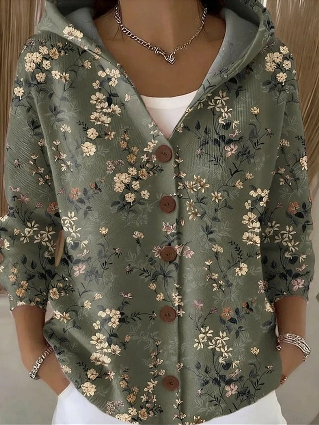 women's printed button-up hooded cardigan sweater in dark green