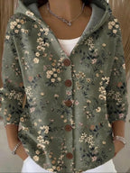 women's printed button-up hooded cardigan sweater in dark green