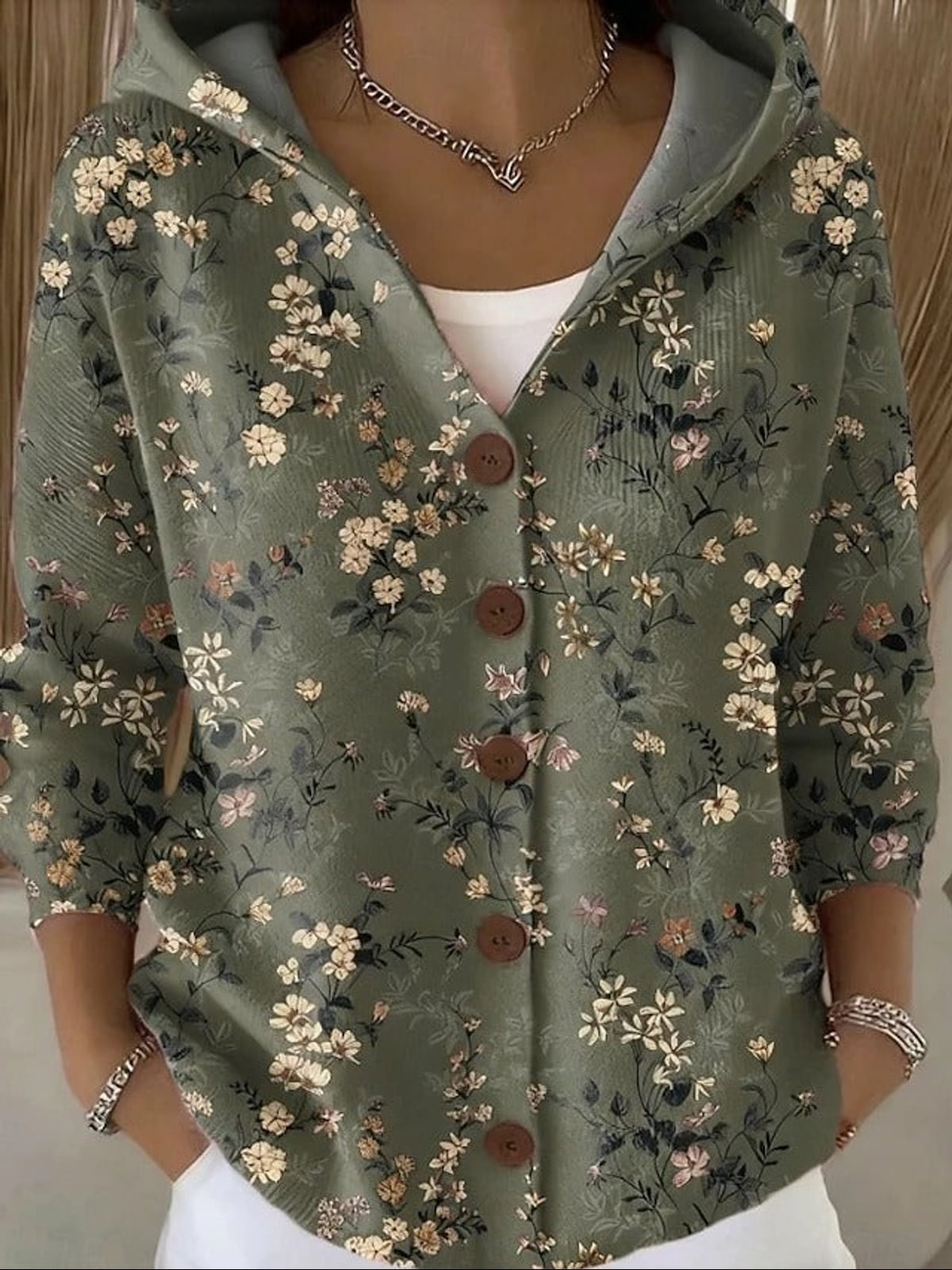 women's printed button-up hooded cardigan sweater in dark green