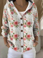 women's printed button-up hooded cardigan sweater in floral white