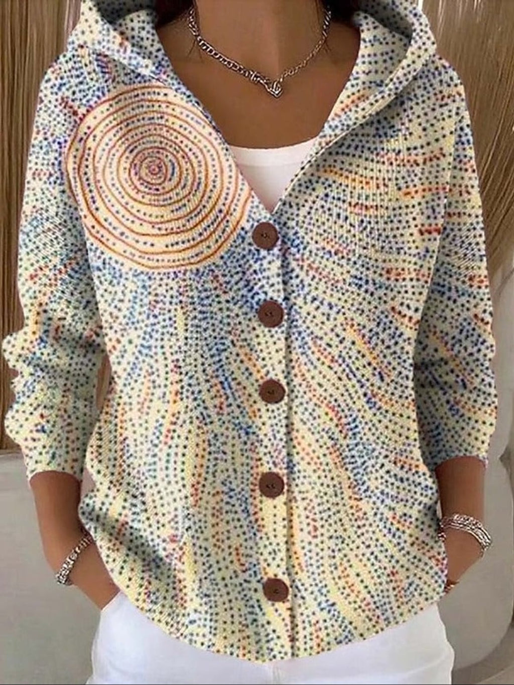 women's printed button-up hooded cardigan sweater in light yellow