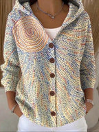 women's printed button-up hooded cardigan sweater in light yellow