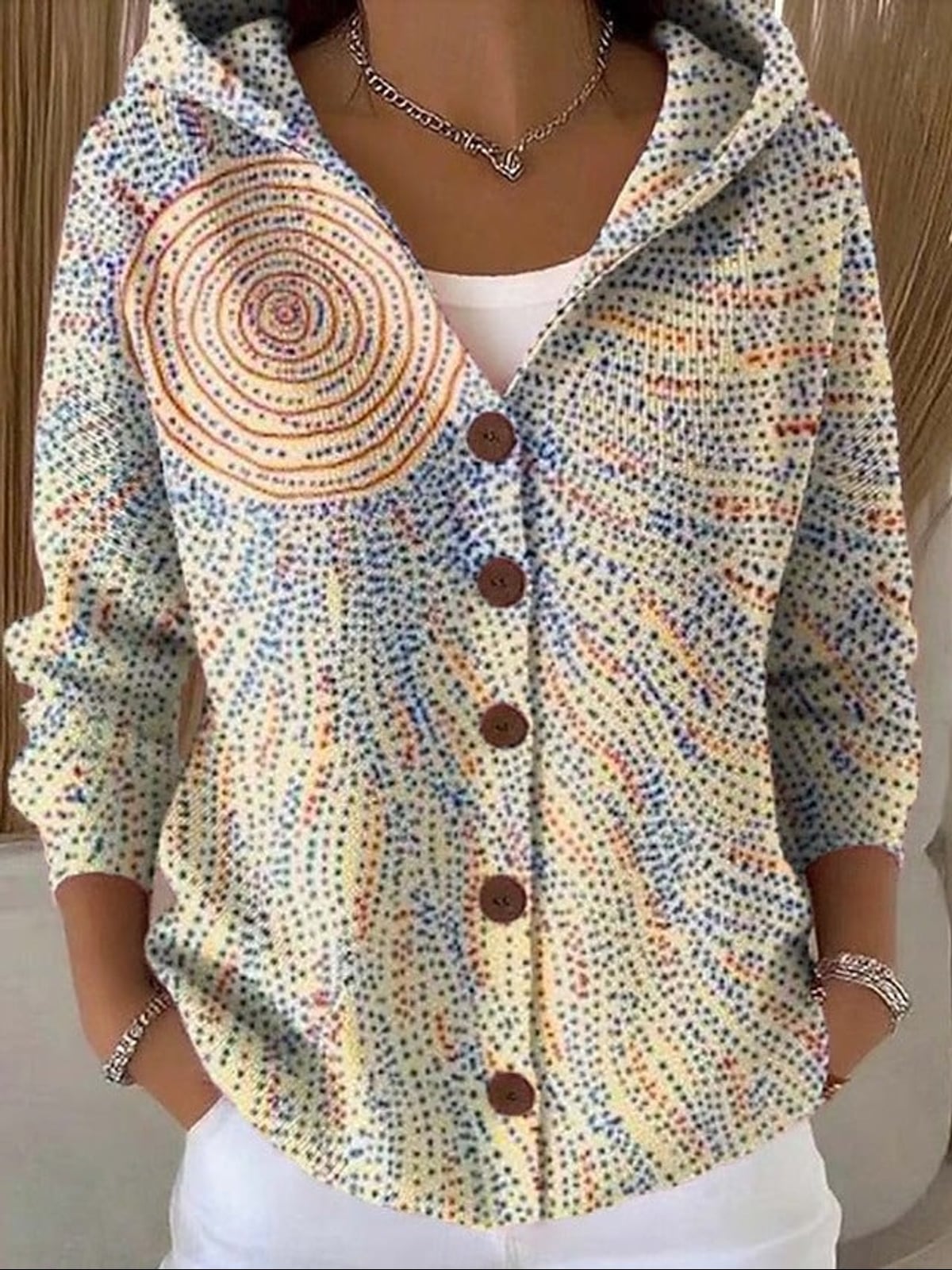 women's printed button-up hooded cardigan sweater in light yellow