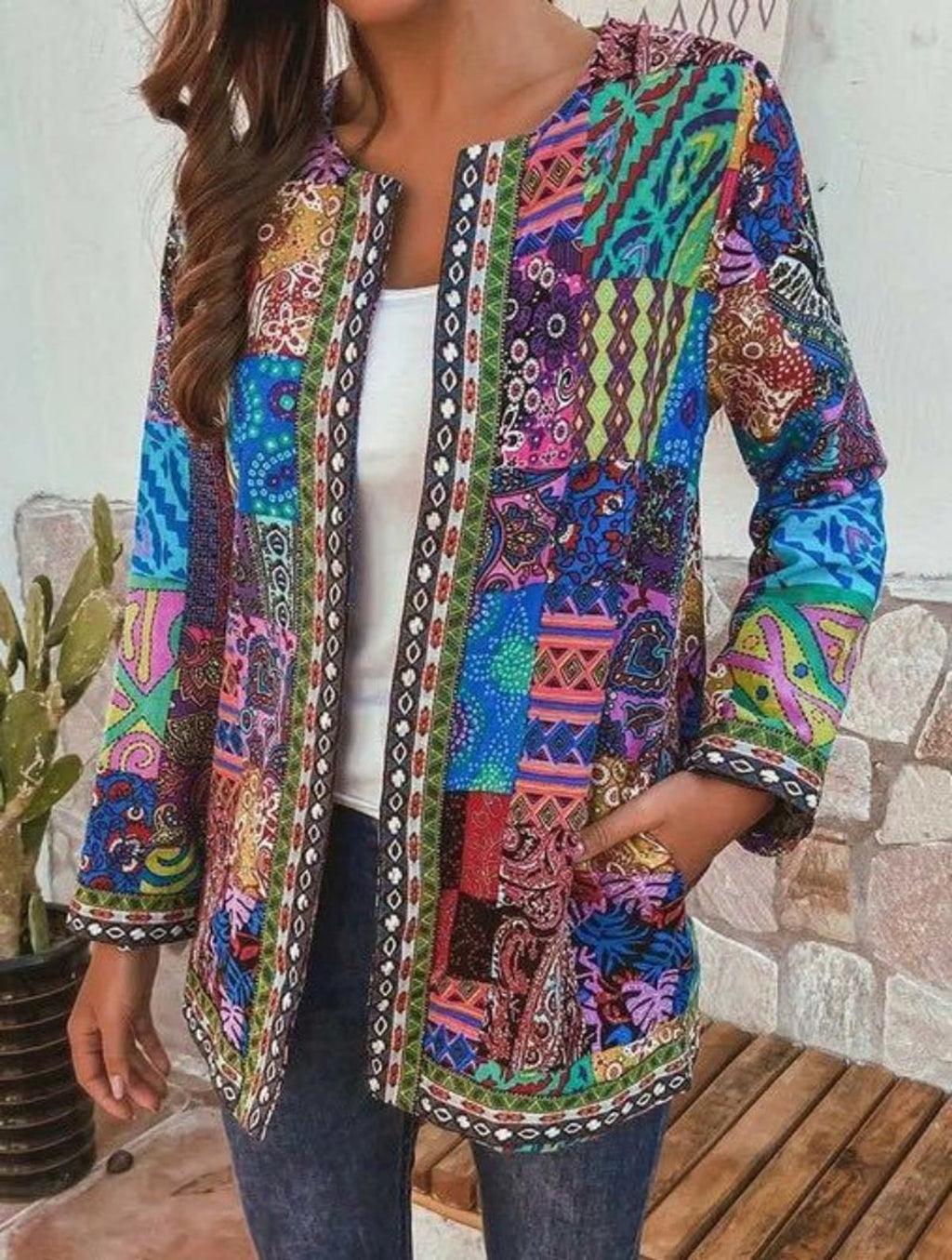 women's printed open-front longline jacket in blue