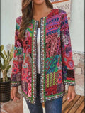 women's printed open-front longline jacket in red