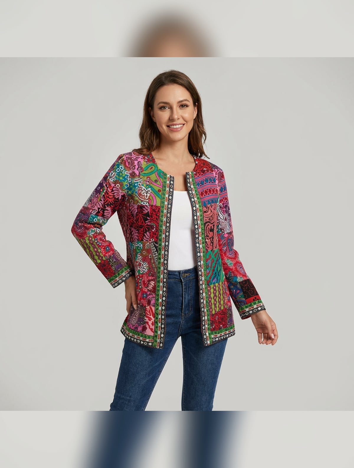 women's printed open-front longline jacket