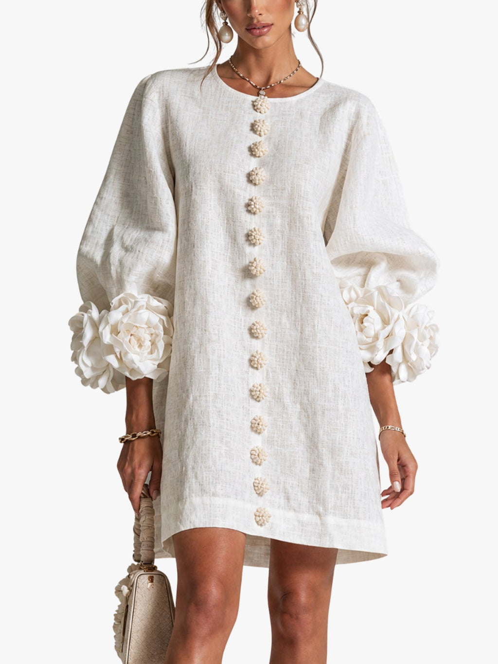 women's puff sleeve floral cuff mini dress in off white