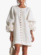 women's puff sleeve floral cuff mini dress in off white