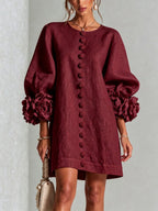 women's puff sleeve floral cuff mini dress in dark red