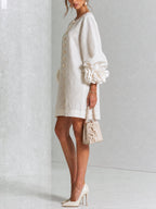women's puff sleeve floral cuff mini dress in off white