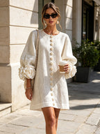 women's puff sleeve floral cuff mini dress in off white