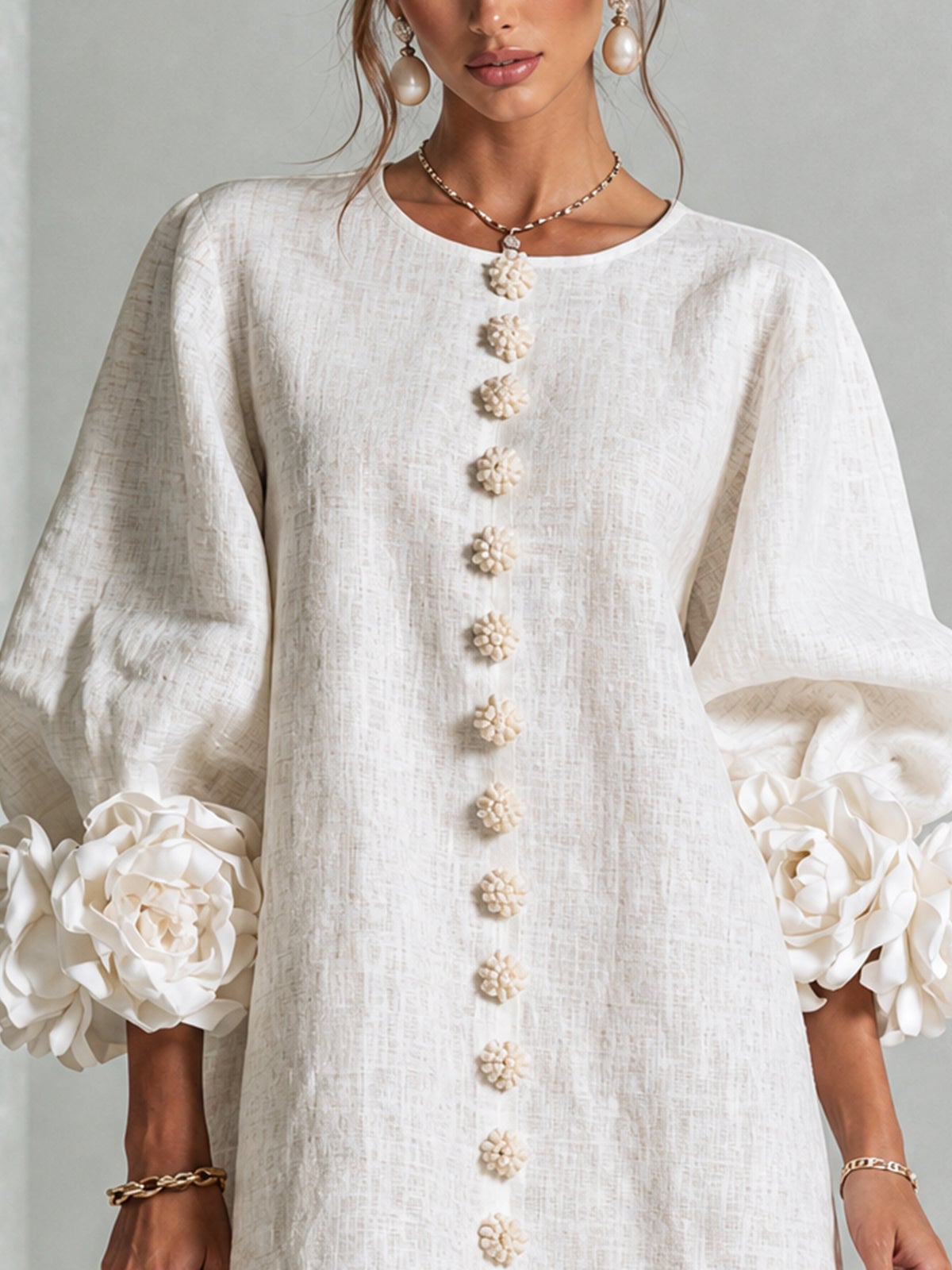 women's puff sleeve floral cuff mini dress in off white
