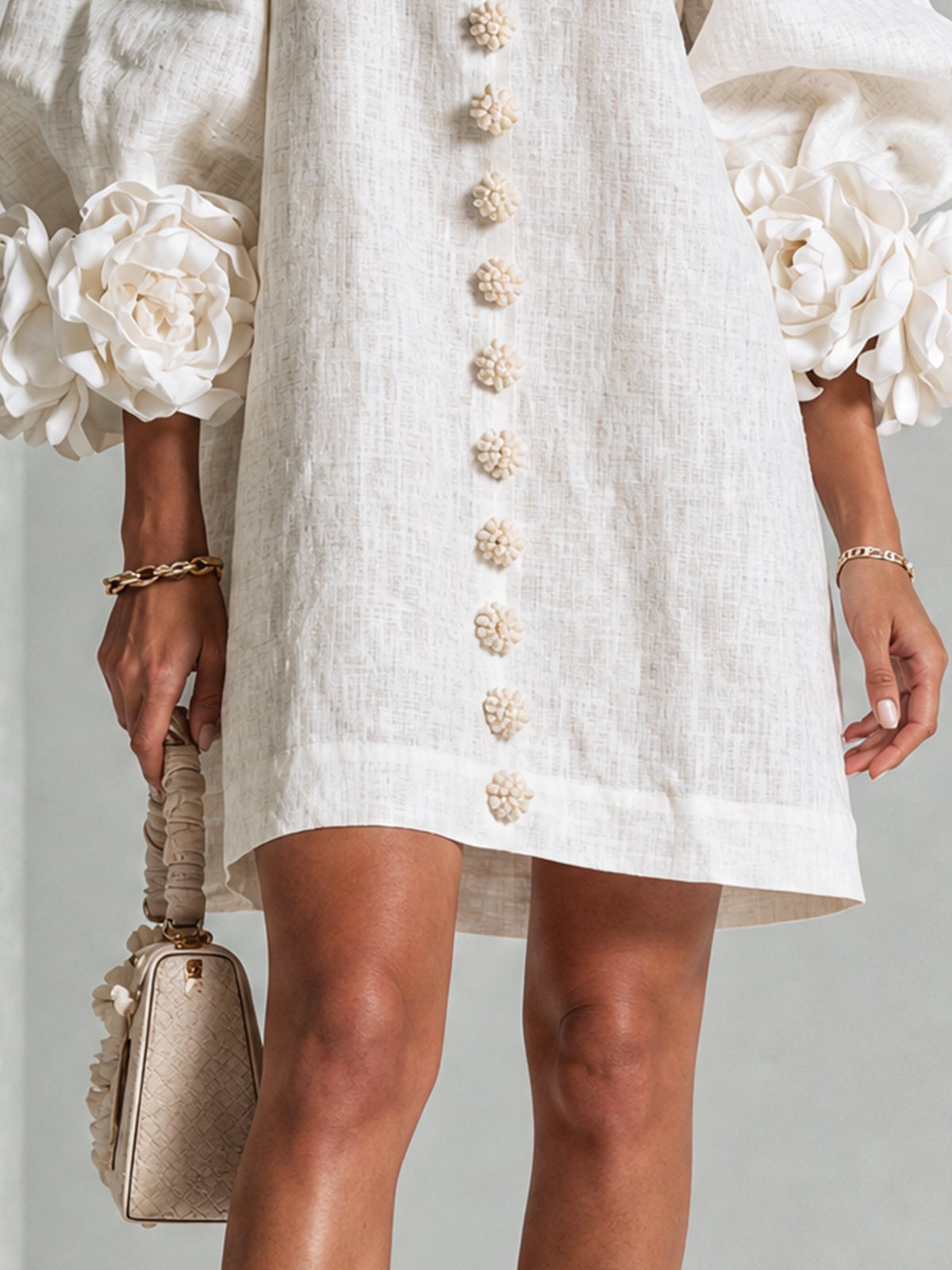 women's puff sleeve floral cuff mini dress in off white