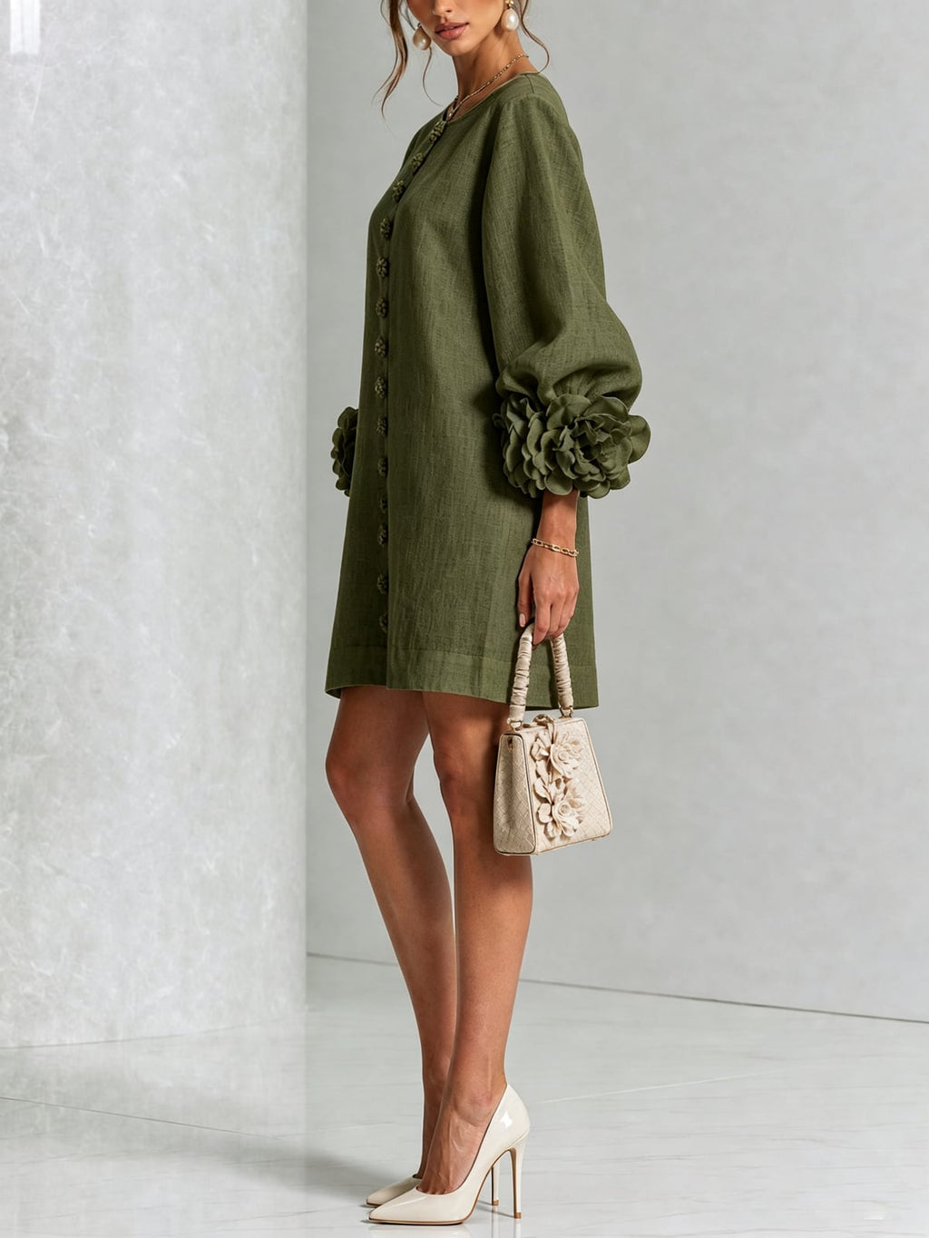 women's puff sleeve floral cuff mini dress in green