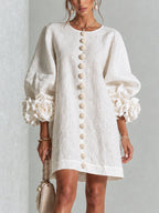 women's puff sleeve floral cuff mini dress in off white