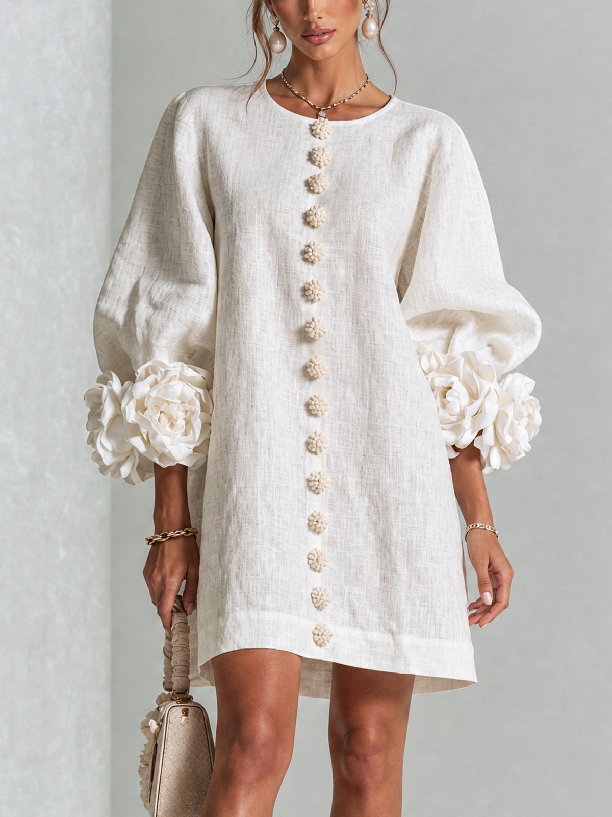 women's puff sleeve floral cuff mini dress in off white