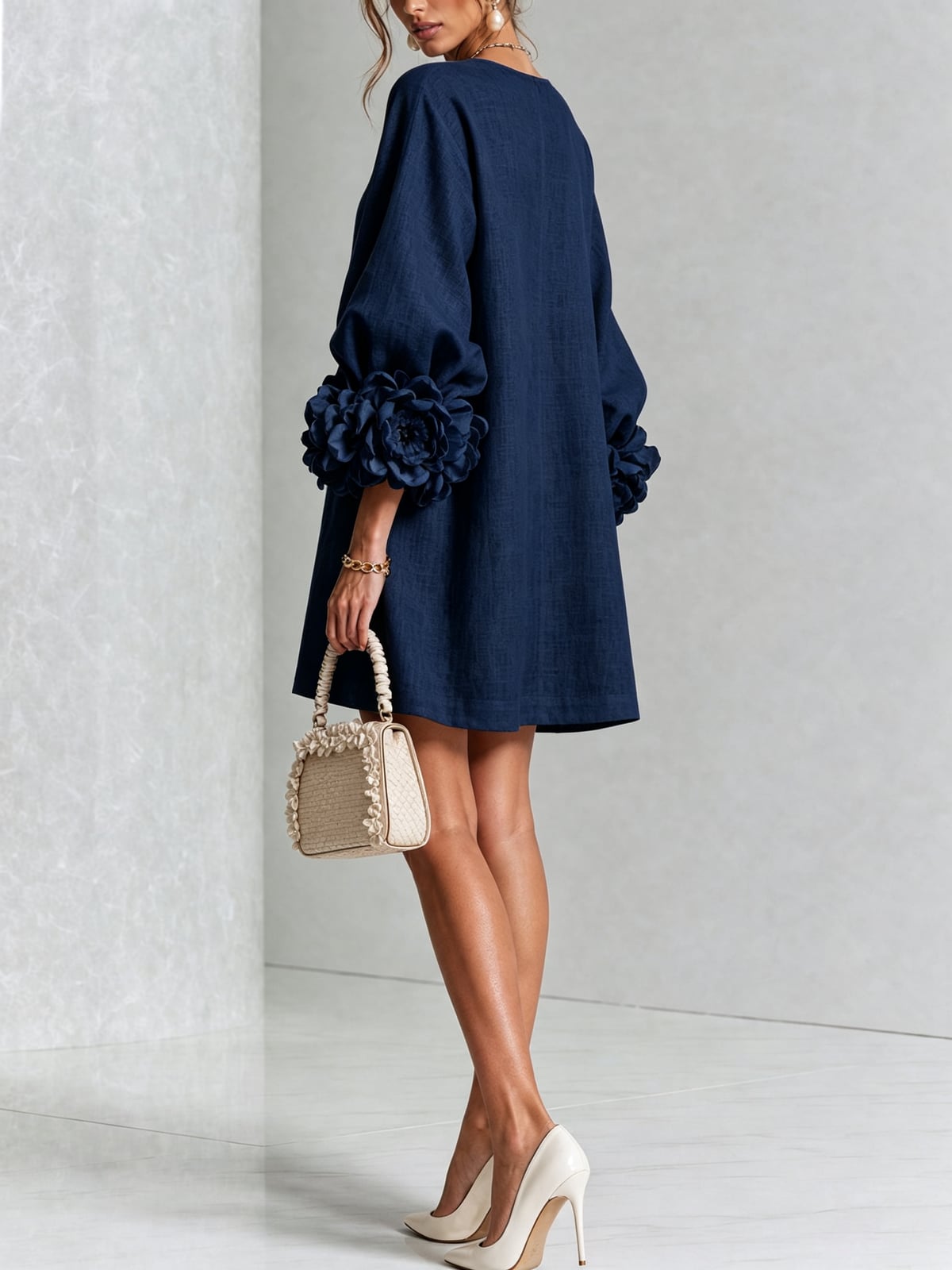 women's puff sleeve floral cuff mini dress in navy blue