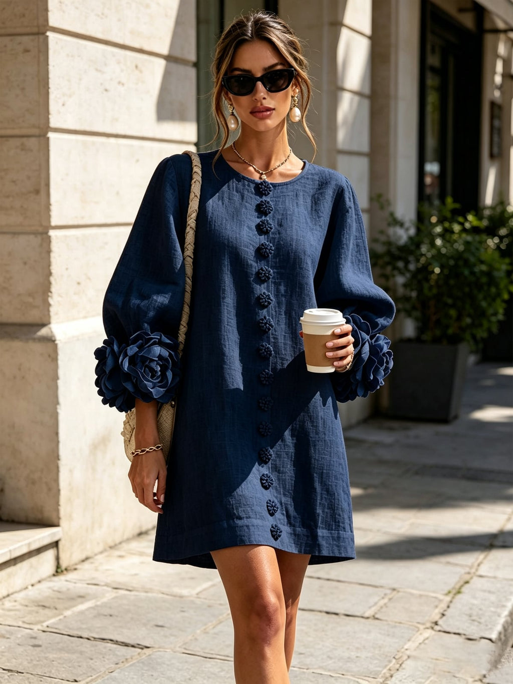 women's puff sleeve floral cuff mini dress in navy blue