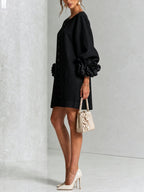 women's puff sleeve floral cuff mini dress in black