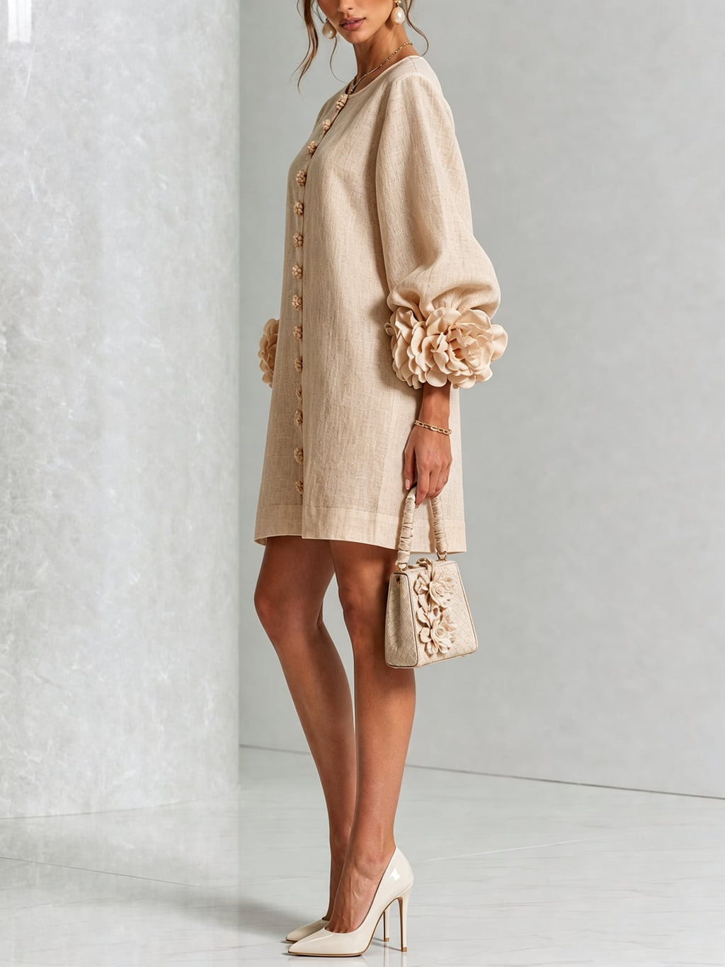 women's puff sleeve floral cuff mini dress