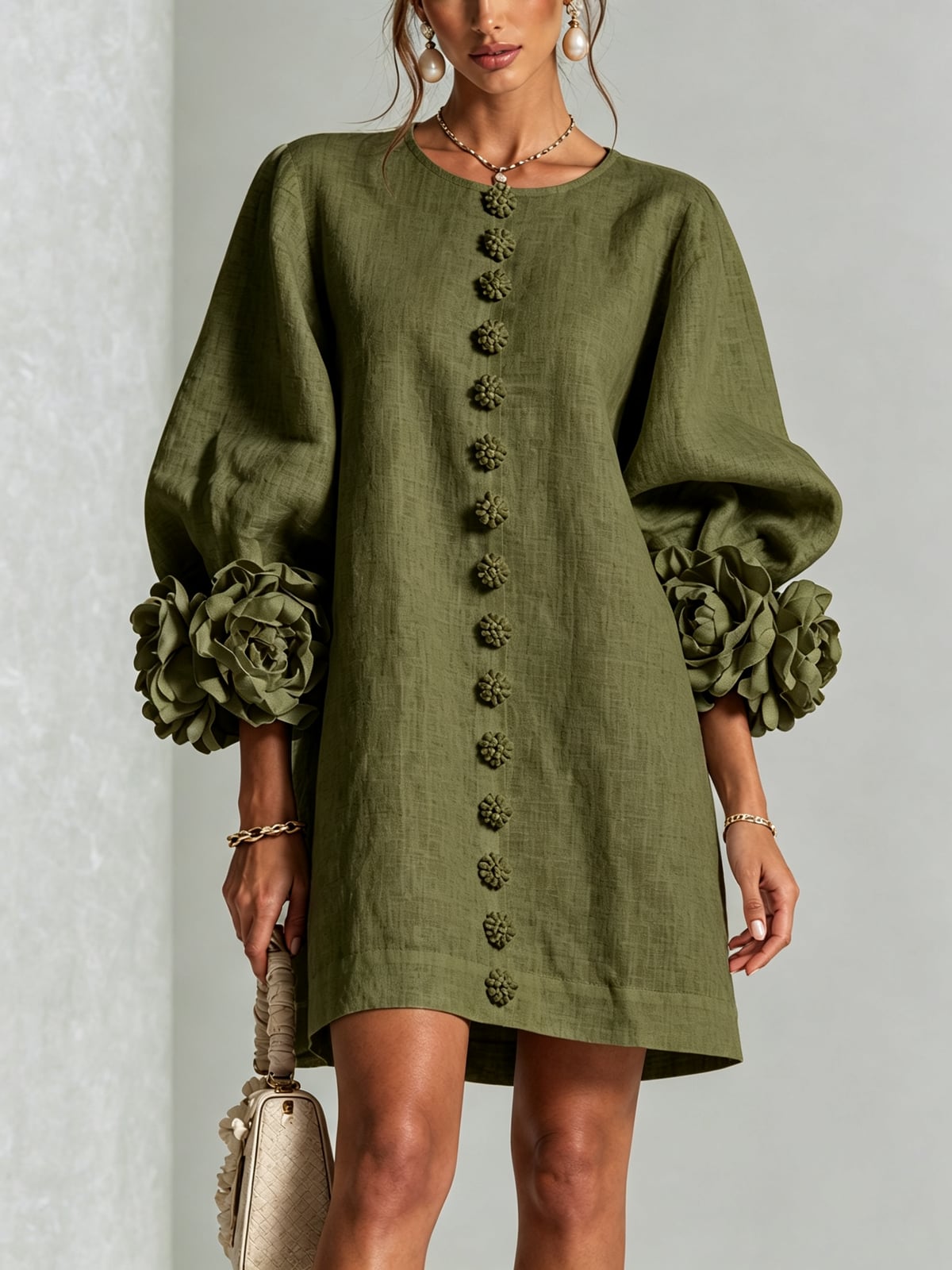 women's puff sleeve floral cuff mini dress in green