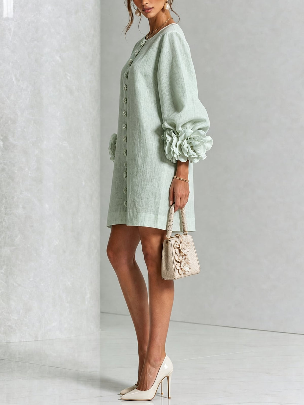 women's puff sleeve floral cuff mini dress
