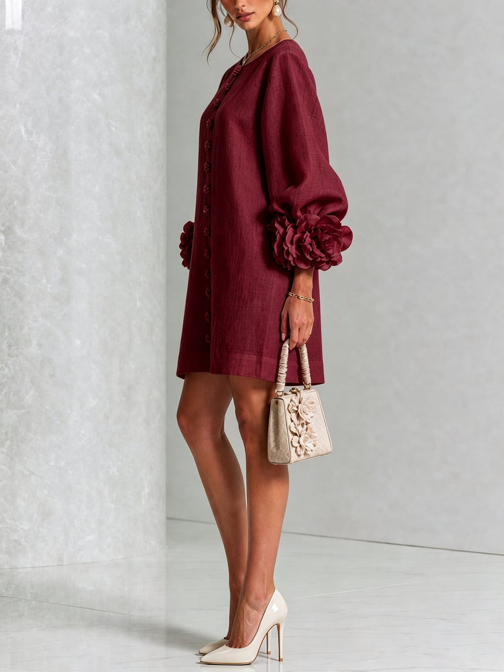 women's puff sleeve floral cuff mini dress