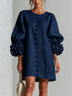 women's puff sleeve floral cuff mini dress in navy blue