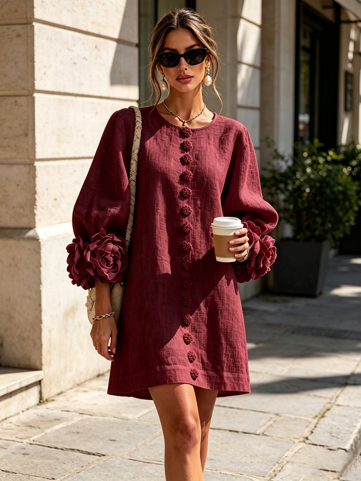 women's puff sleeve floral cuff mini dress