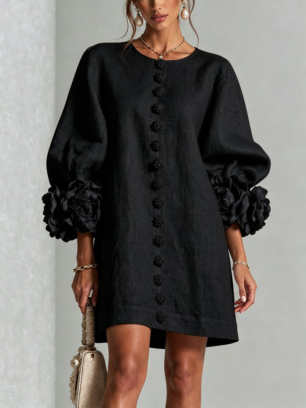 women's puff sleeve floral cuff mini dress in black