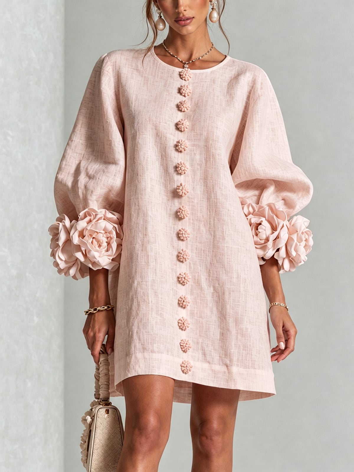 women's puff sleeve floral cuff mini dress in pink