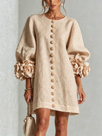 women's puff sleeve floral cuff mini dress in apricot