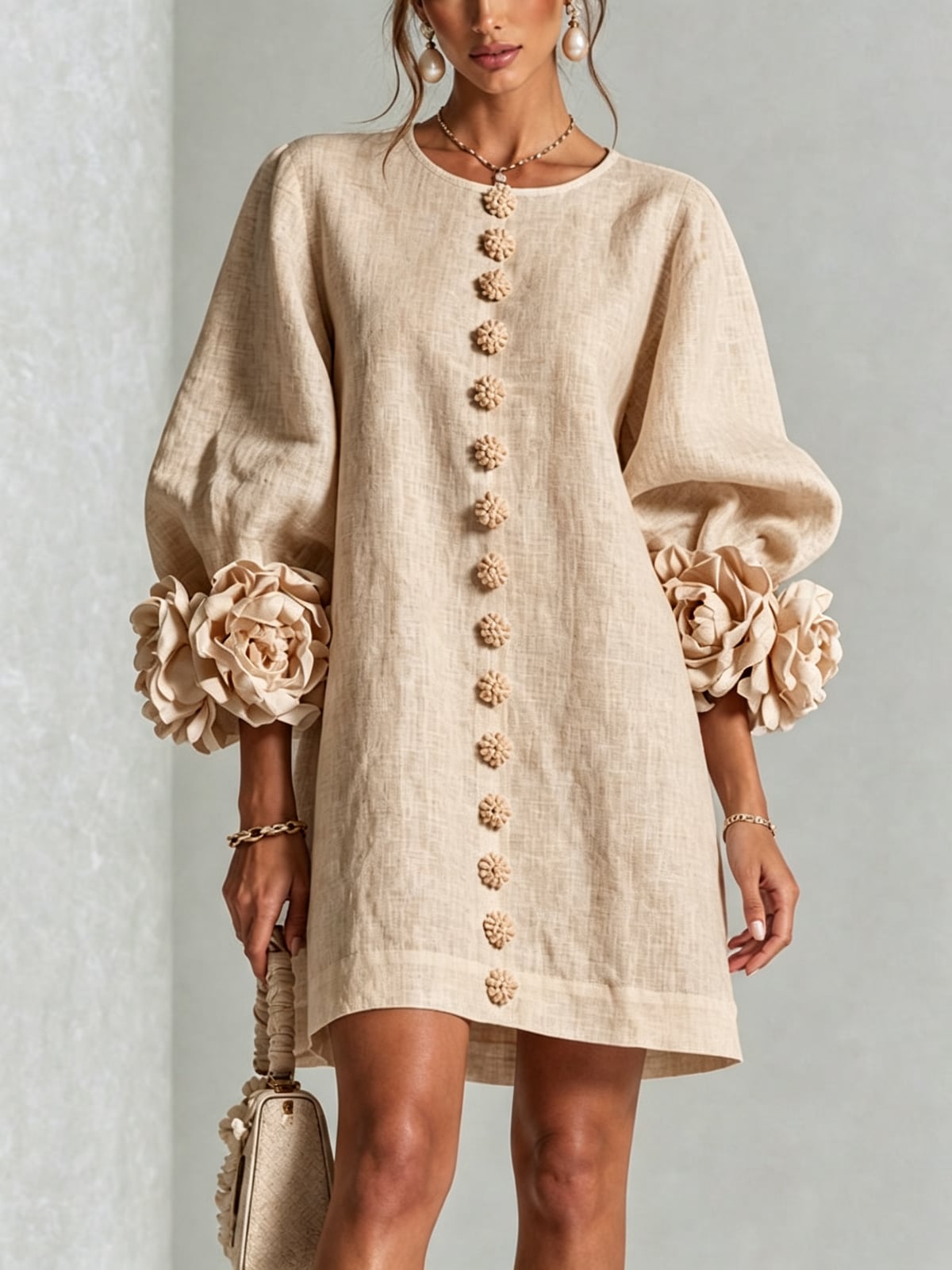 women's puff sleeve floral cuff mini dress in apricot