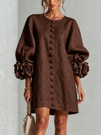 women's puff sleeve floral cuff mini dress in brown