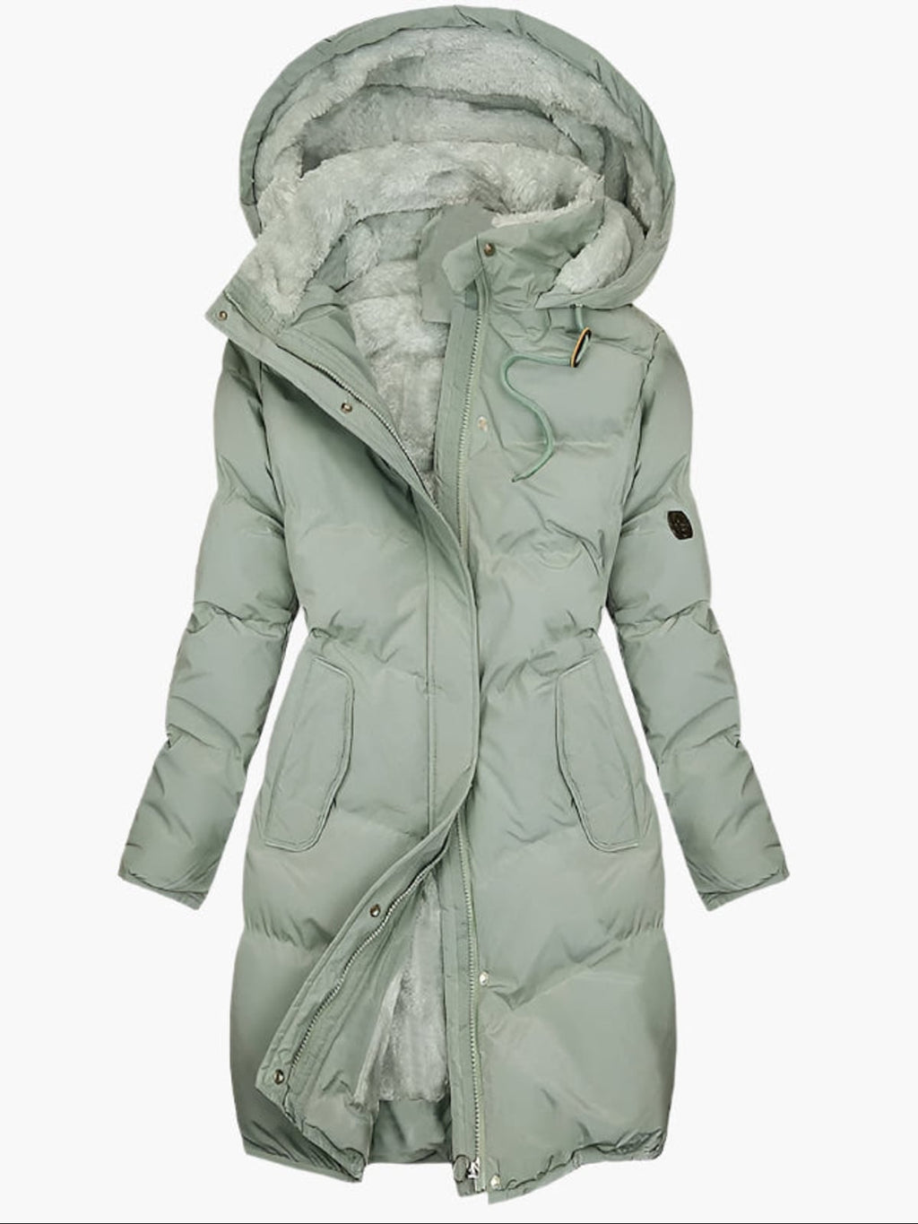 women's quilted hooded long coat green