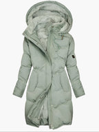 women's quilted hooded long coat green