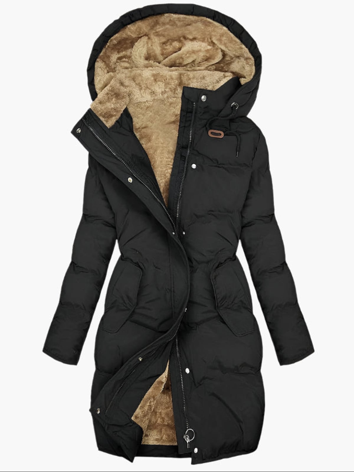 women's quilted hooded long coat black