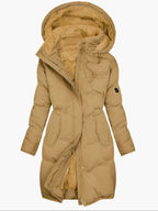 women's quilted hooded long coat yellow