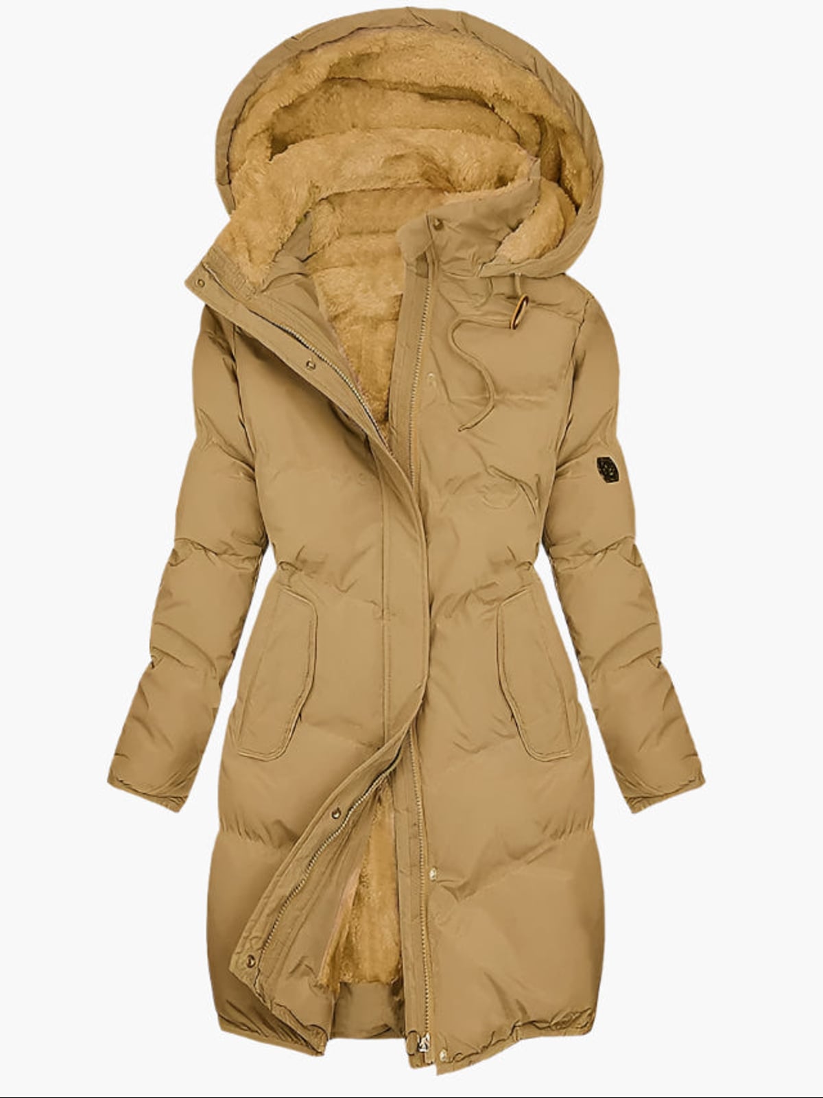 women's quilted hooded long coat yellow