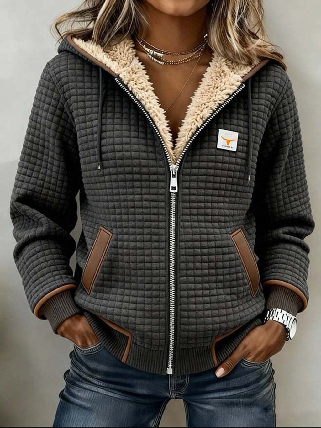 women's quilted sherpa-lined zip-up hoodie in dark gray